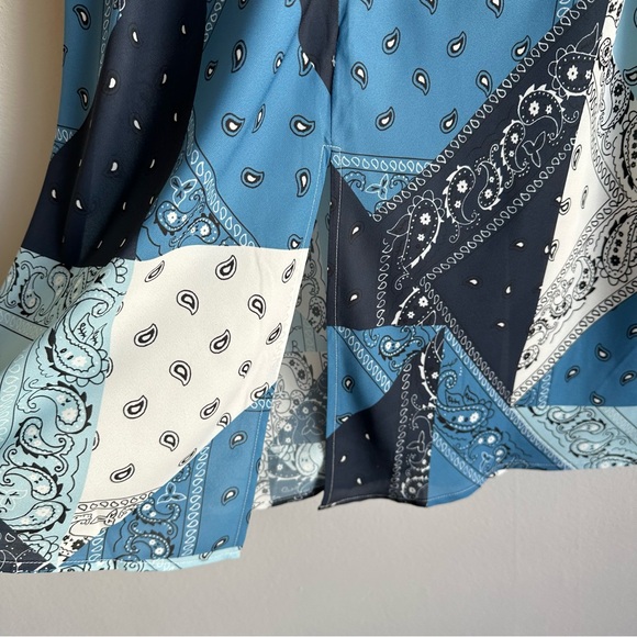 STAUD Milla Midi Dress Patchwork Bandana Capri w/ Short Puff Sleeves & Slit - Picture 8 of 11